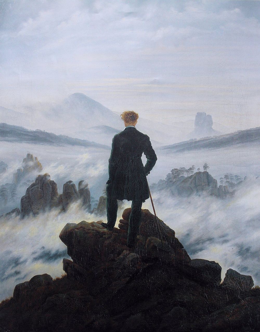 Caspar David Friedrich, Wanderer above the Sea of Fog: a figure on a summit looking out over a sea of mist